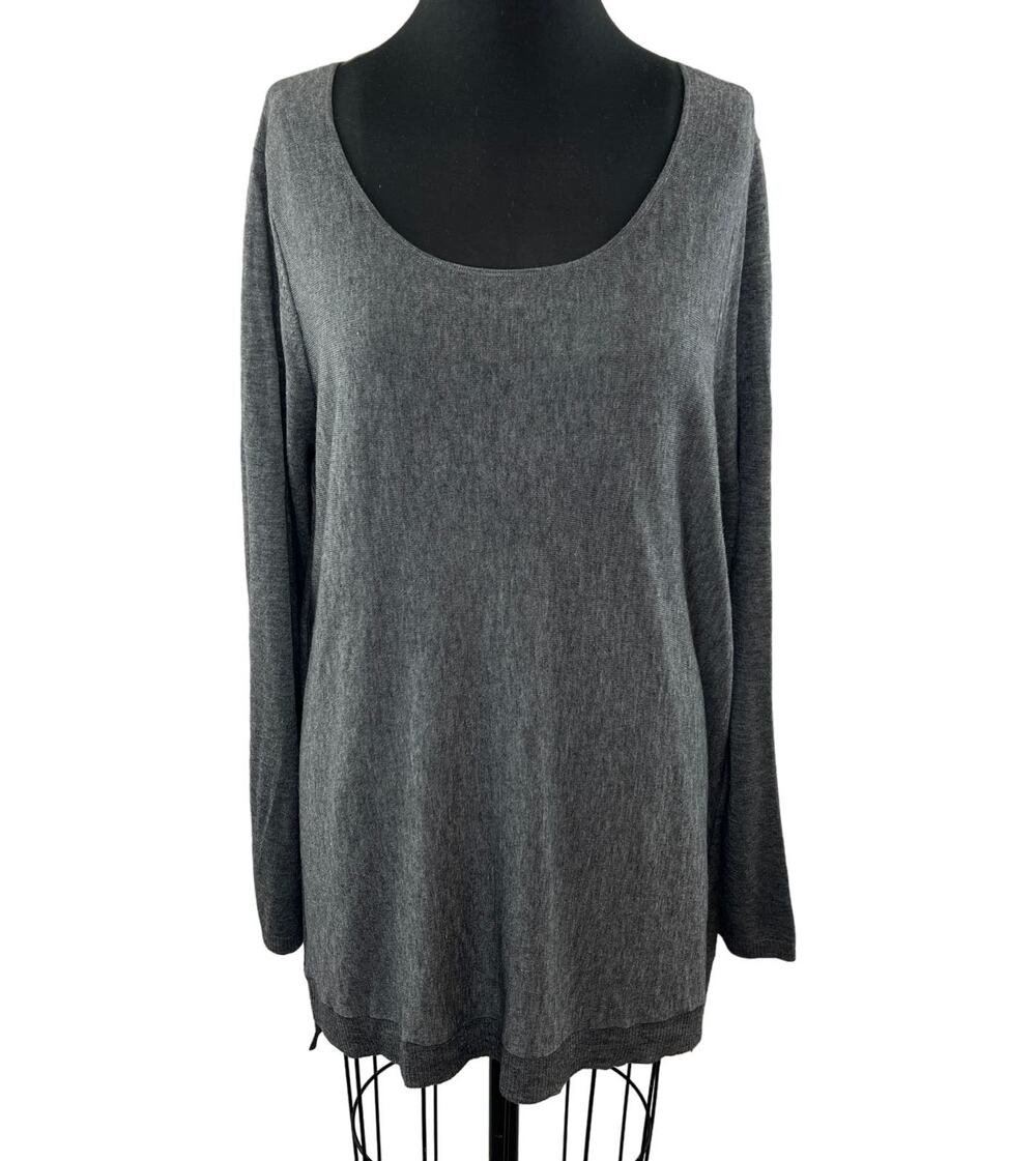 EILEEN FISHER Gray Sweater Heather Tencel Scoop Neck High-Low Round Hem S M ?